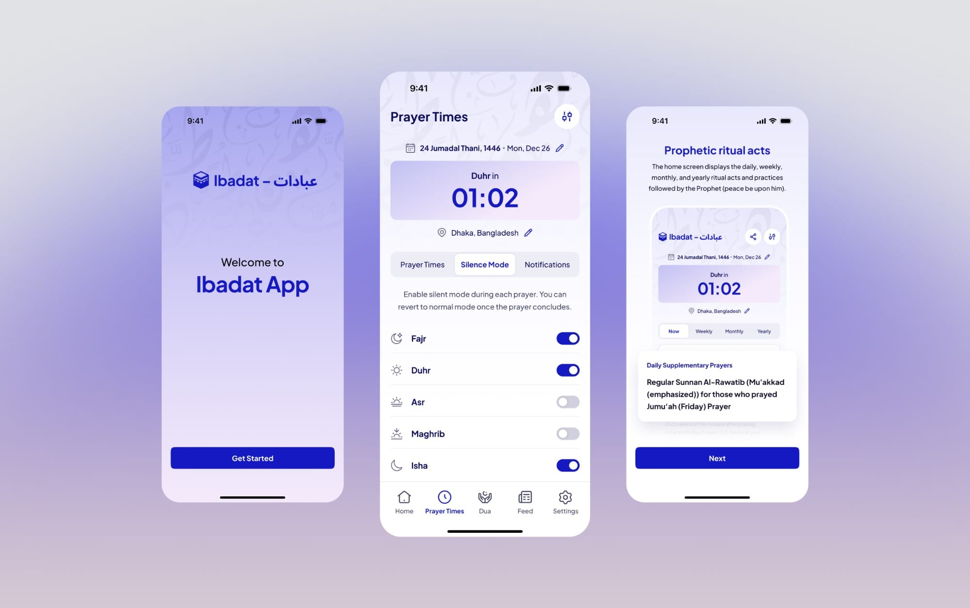 Three Ibadat screens on a soft lavender field: the welcome screen, prayer times with Silence Mode, and the onboarding step on the Prophet's ritual acts