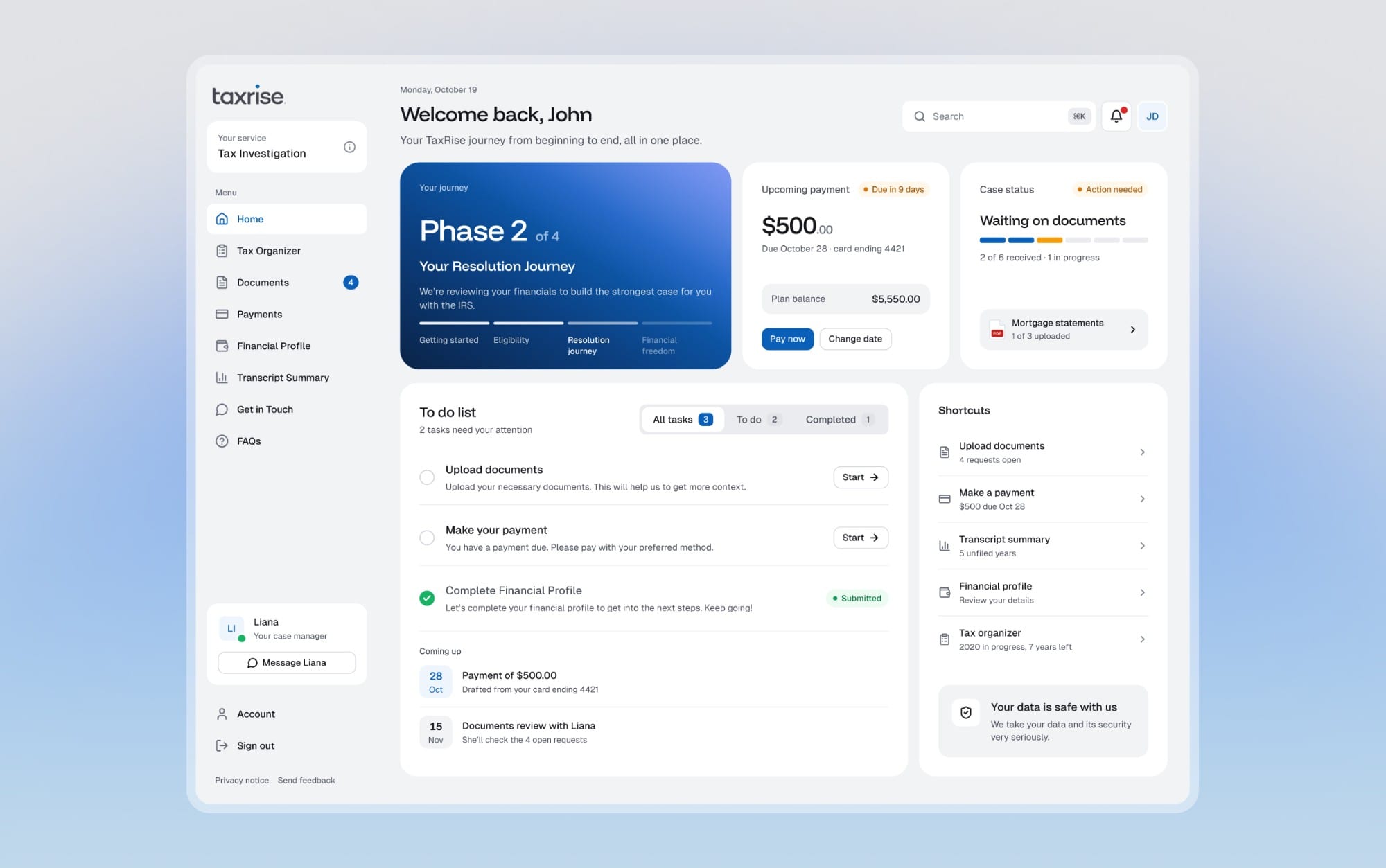 The redesigned TaxRise Client Portal home on a soft blue gradient: the Phase 2 journey card, an upcoming $500 payment, case status waiting on documents, the to-do list and shortcuts