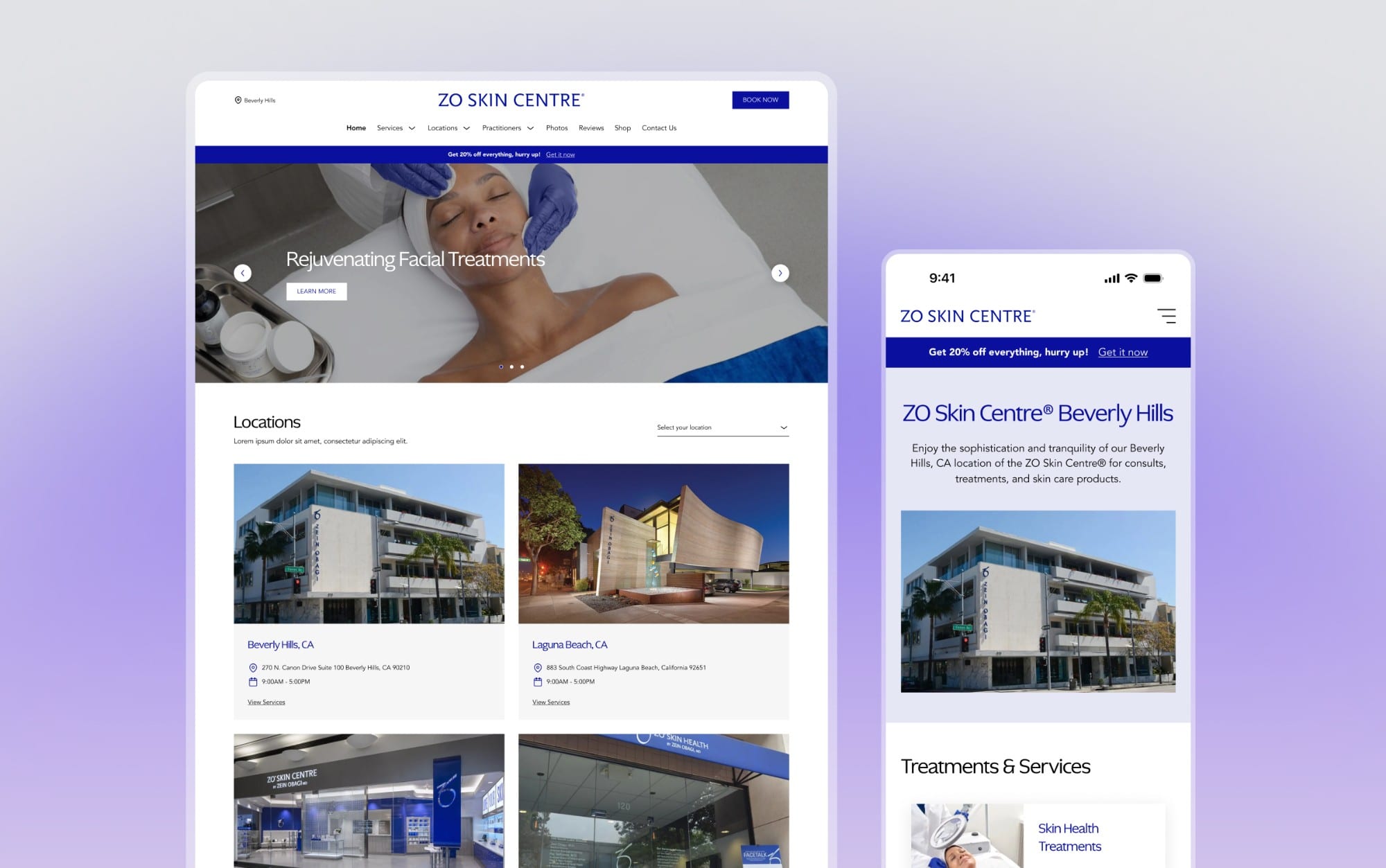 The ZO Skin Centre redesign on a soft lavender field: the desktop homepage with its facial-treatment hero and location cards, beside the Beverly Hills location page on a phone